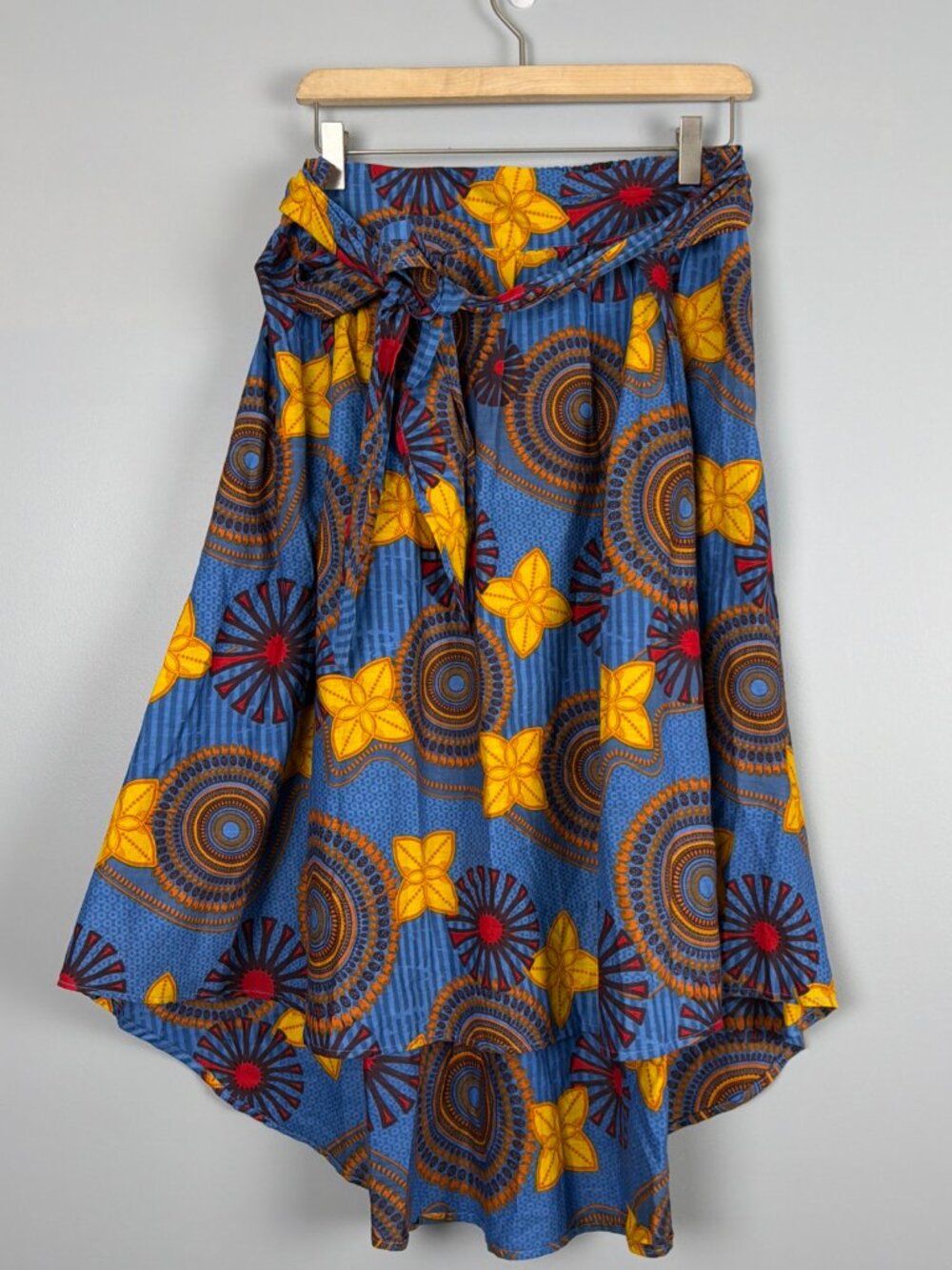 Bohemian Midi Skirt Womens L Blue Belted Sarong India Coverup Beach Vacation Fun